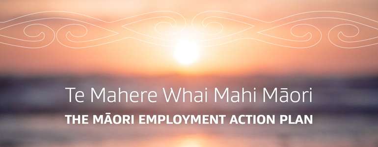 Image of horizon with the text 'Te Mahere Whai Mahi Māori: The Māori Employment Action Plan' on it